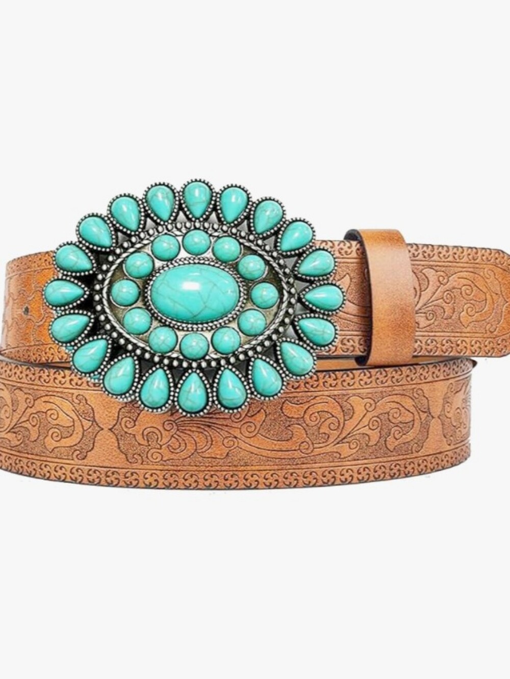 Western Turquoise Belt Floral Embossed PU Leather Cowgirl Boho Buckle Premium